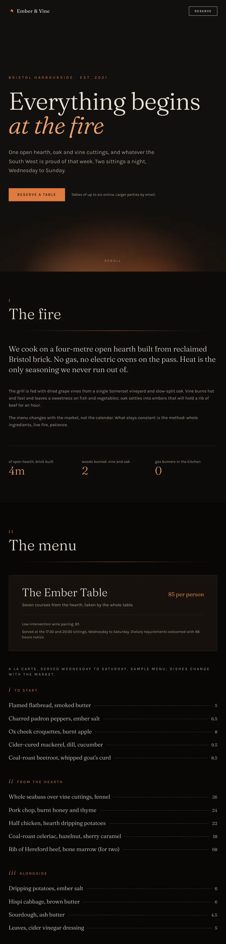 Ember & Vine website - dark cinematic wood-fire dining