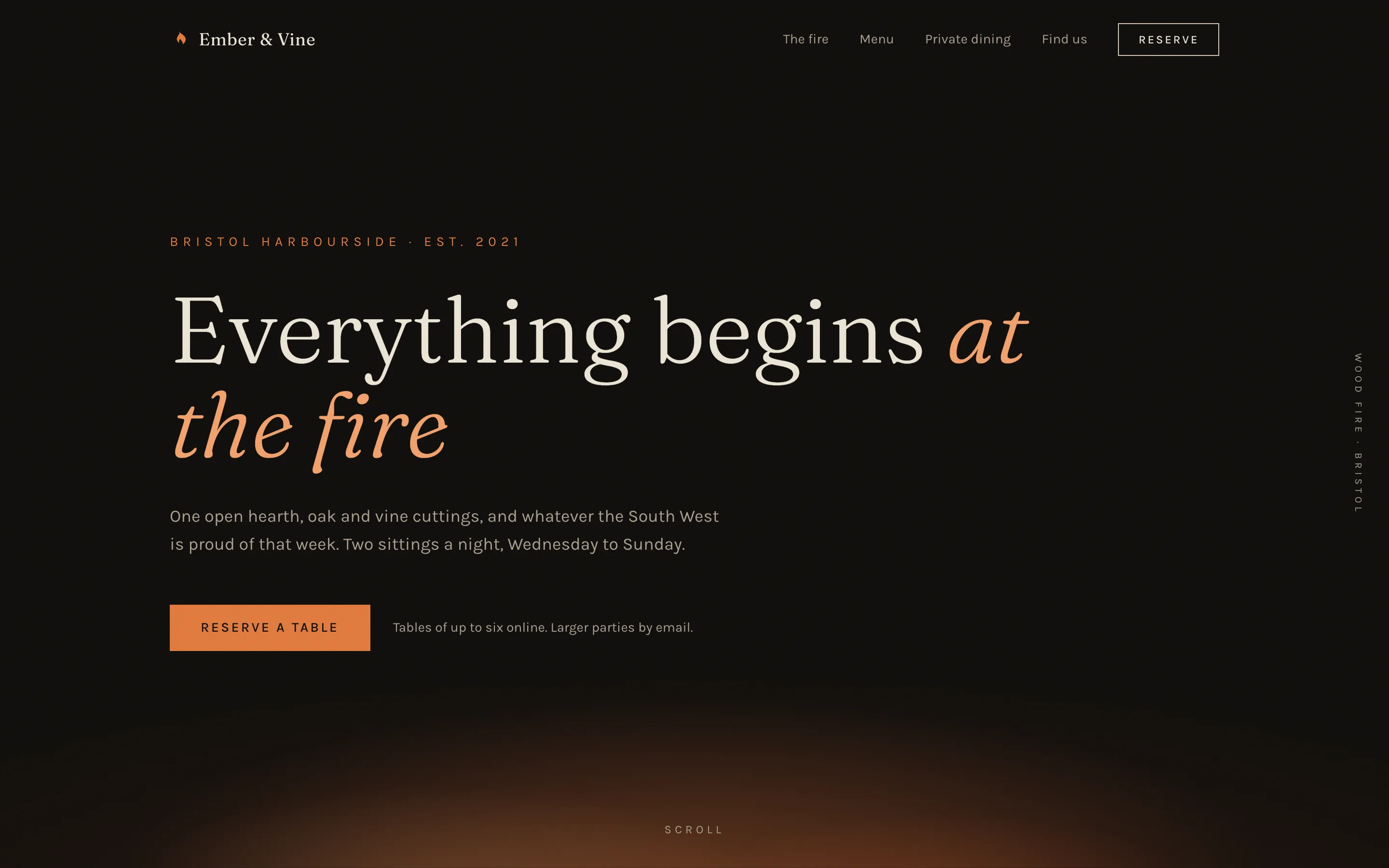 Ember & Vine website, Wood-Fire Dining