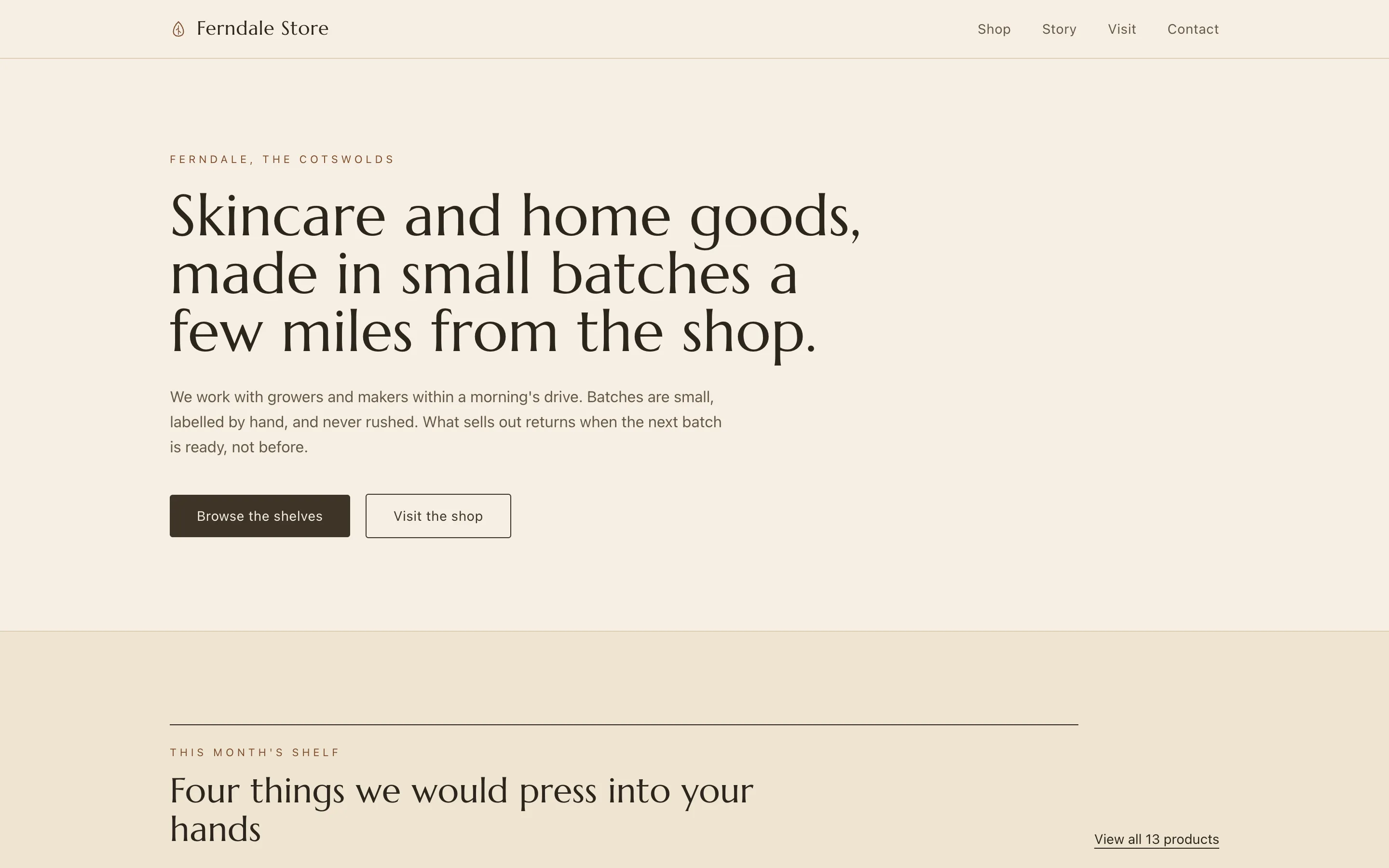 Ferndale Store website, Skincare & Home Goods