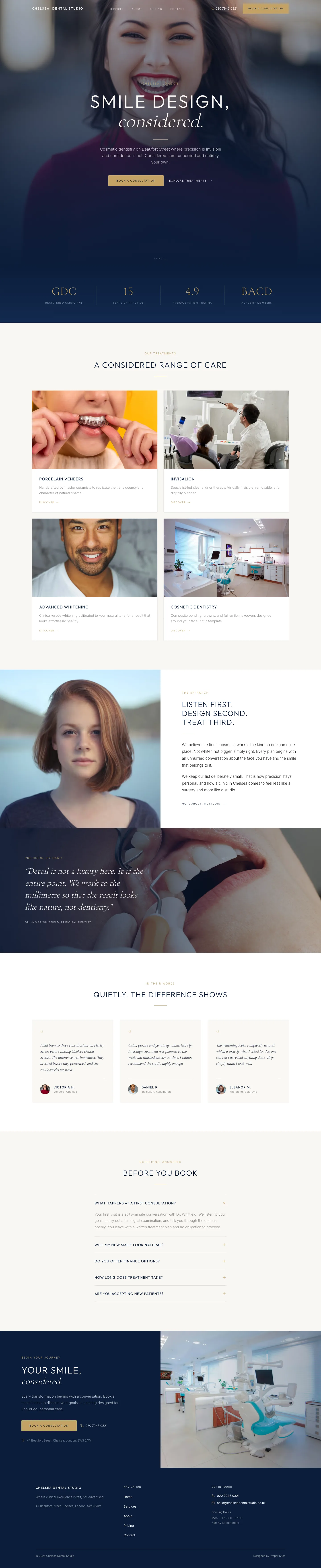 Chelsea Dental Studio website, full page, an example ProperSites build