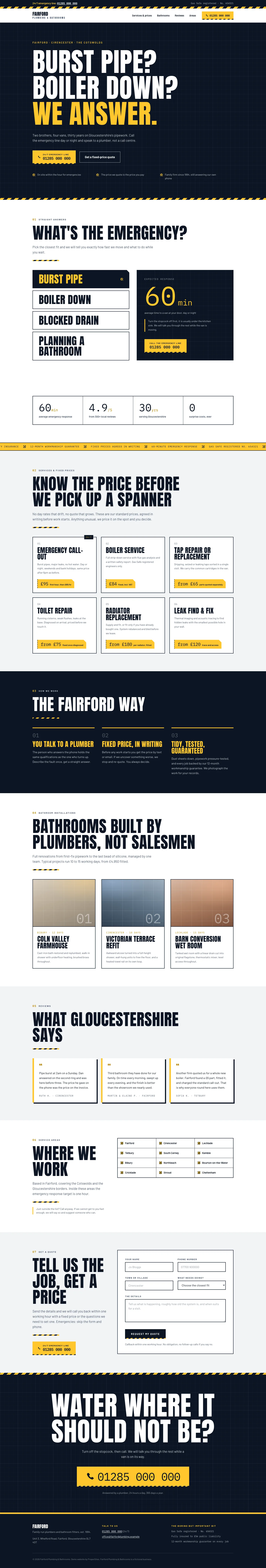 Fairford Plumbing & Bathrooms website, full page, an example ProperSites build