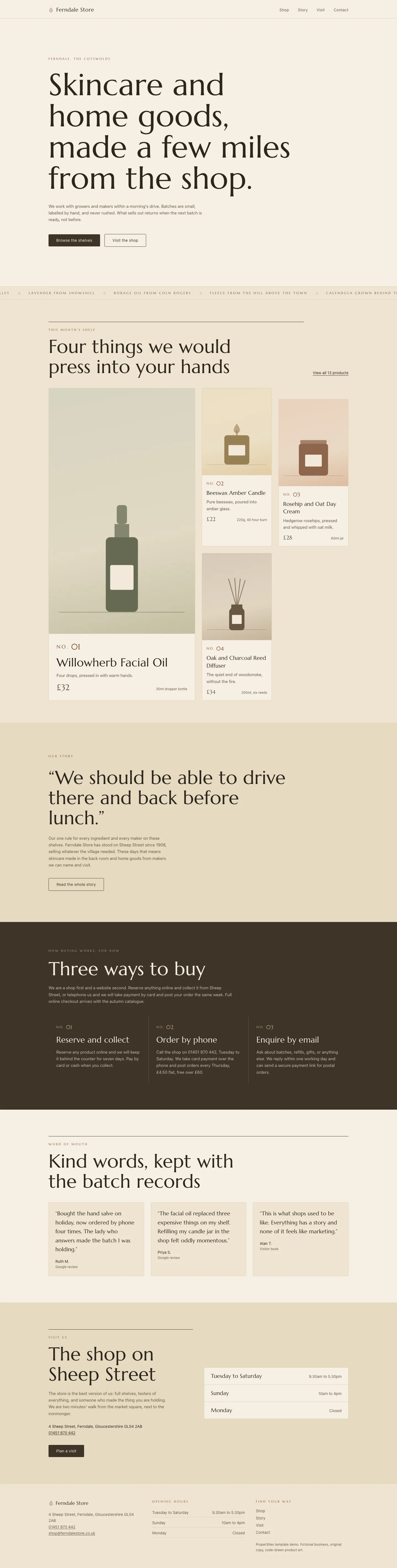 Ferndale Store website, full page, an example ProperSites build