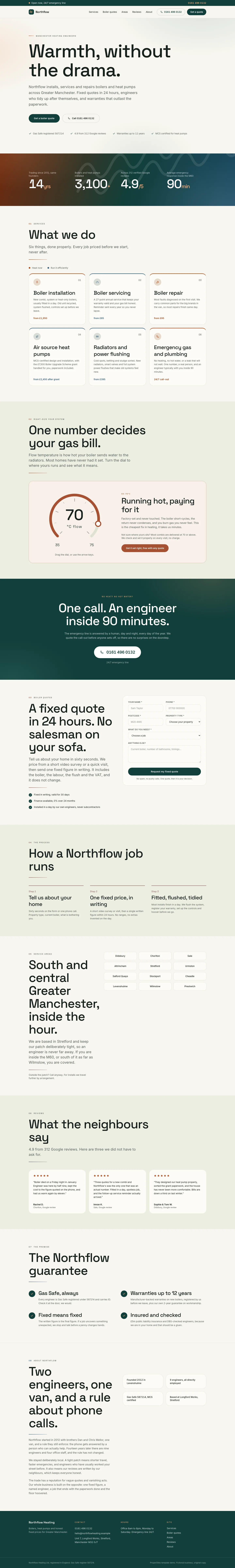Northflow Heating website, full page, an example ProperSites build