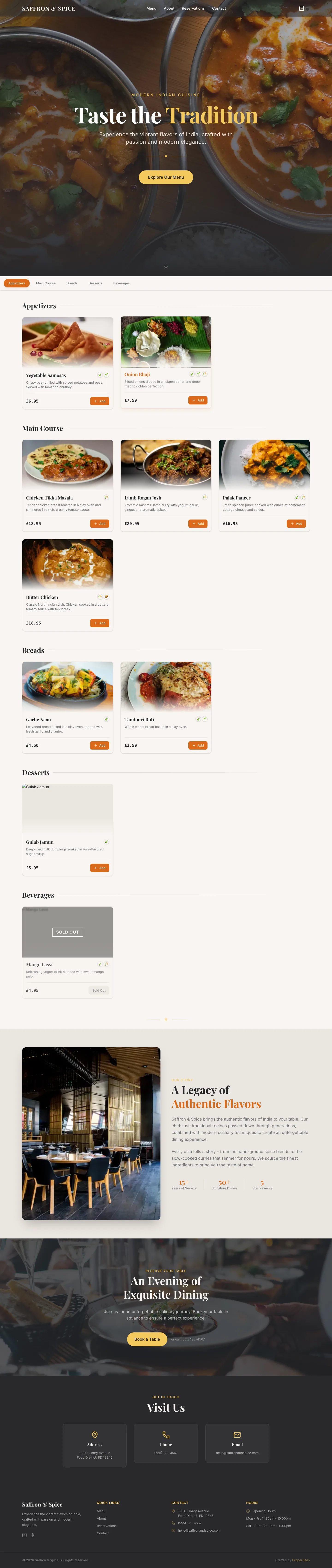 Saffron & Spice website, full page, an example ProperSites build