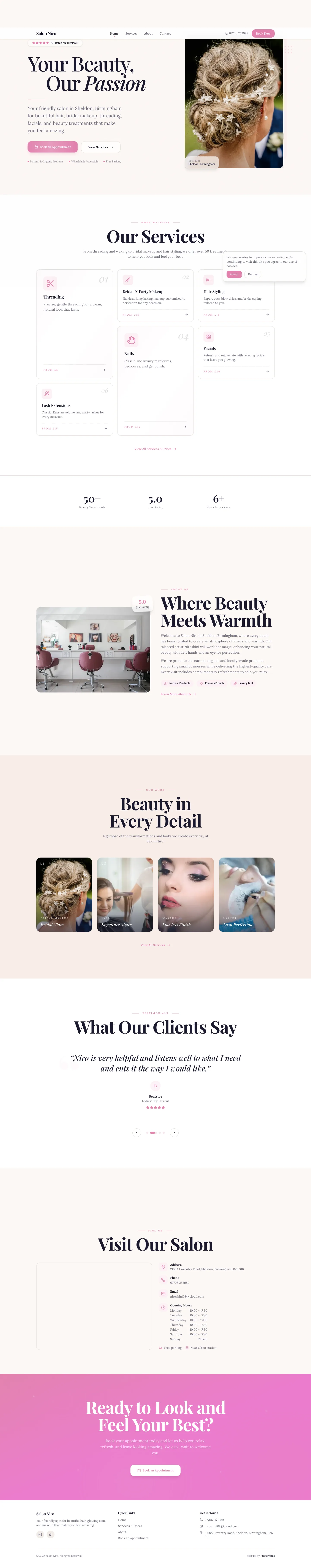Salon Niro website, full page, an example ProperSites build
