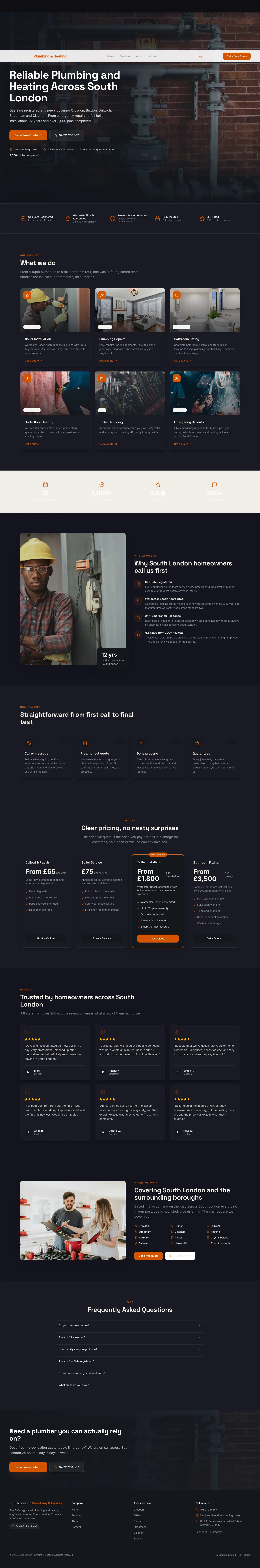 South London Plumbing website, full page, an example ProperSites build