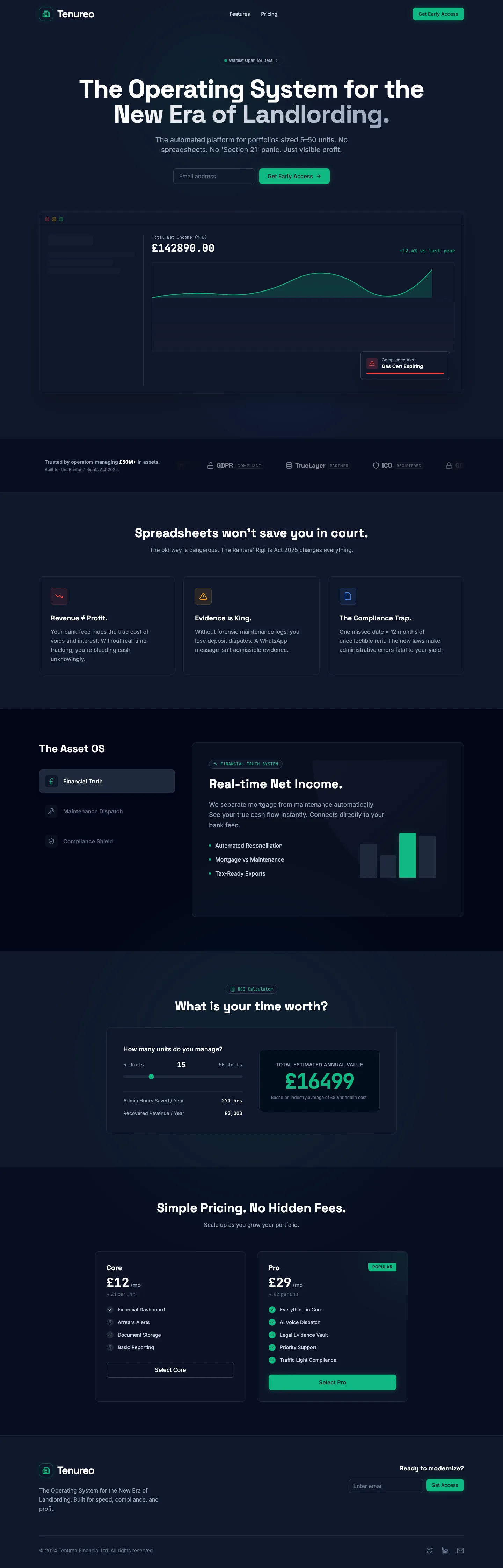 Tenureo website, full page, an example ProperSites build